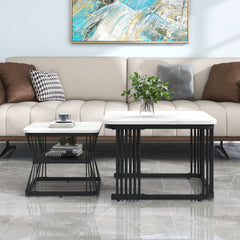 Nest Of 2 Tables Square Coffee Table Coffee Table Set Nesting Sofa Table Multi-functional End Side Table Nesting Tables With Black Metal Frame Legs And Marble Pattern White Top For Living Room Home