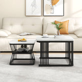 Nest Of 2 Tables Square Coffee Table Coffee Table Set Nesting Sofa Table Multi-functional End Side Table Nesting Tables With Black Metal Frame Legs And Marble Pattern White Top For Living Room Home