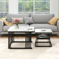 Nest Of 2 Tables Square Coffee Table Coffee Table Set Nesting Sofa Table Multi-functional End Side Table Nesting Tables With Black Metal Frame Legs And Marble Pattern White Top For Living Room Home