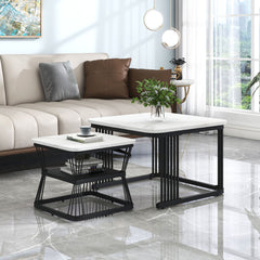 Nest Of 2 Tables  Square Coffee Table Coffee Table Set Nesting Sofa Table Multi-functional End Side Table Nesting Tables With Black Metal Frame Legs And Marble Pattern White Top For Living Room Home