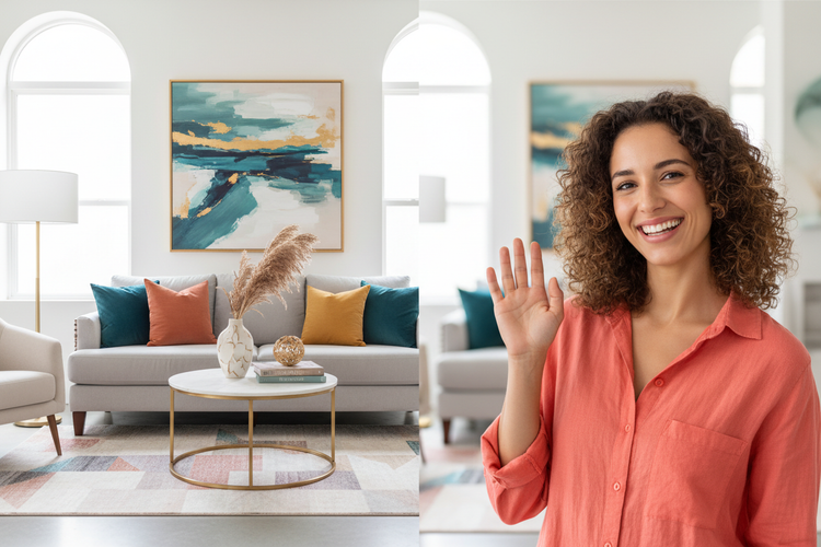 Home decor slideshow image, something very vibrant and catchy displaying a well interior design and person on one side of the image smiling 